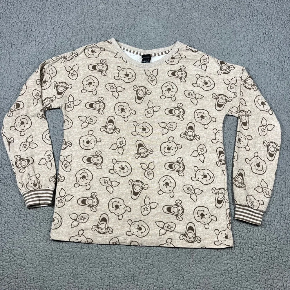 Disney Winnie the Pooh Tigger Piglet Long Sleeve Pajama Top Small Tan Heather - Picture 1 of 9